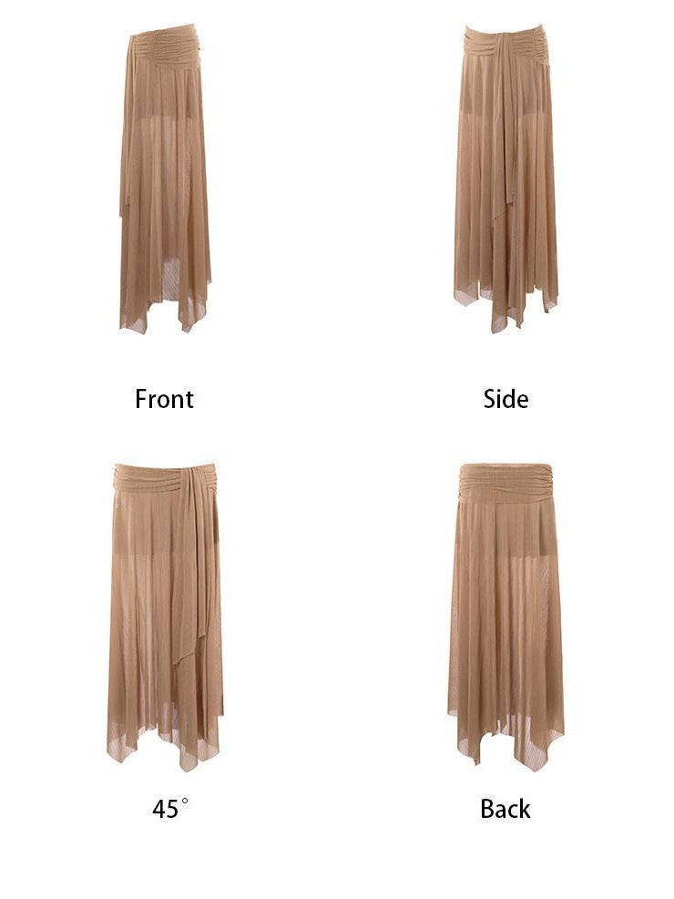 JYOSEI Brown Sheer Mesh Slit Off Shoulder Bell Sleeve Women&