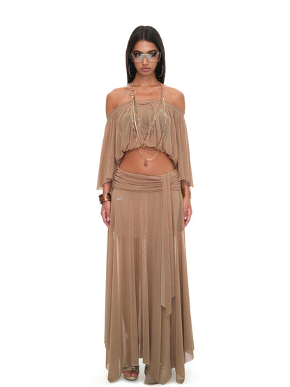 JYOSEI Brown Sheer Mesh Slit Off Shoulder Bell Sleeve Women&