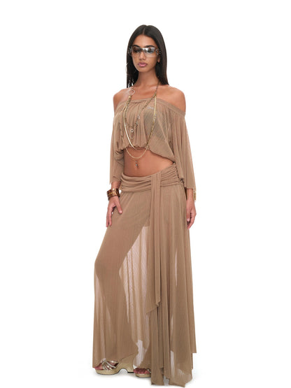 JYOSEI Brown Sheer Mesh Slit Off Shoulder Bell Sleeve Women&