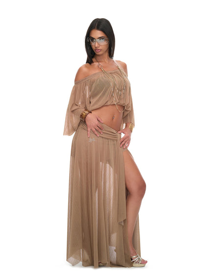 JYOSEI Brown Sheer Mesh Slit Off Shoulder Bell Sleeve Women&