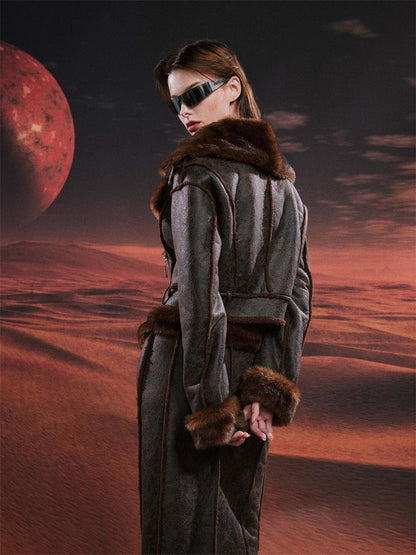 JYOSEI Brown Suede Like Faux Shearling Top And Skirt Set