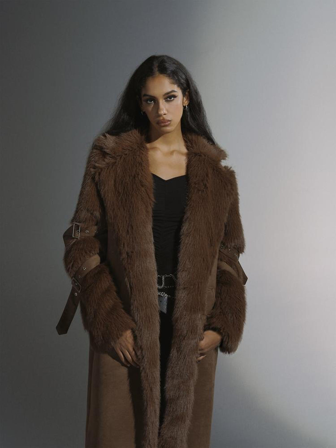 JYOSEI Brown Suede Like Long Shearling Coat With Faux Fur Sleeves