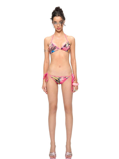 JYOSEI Butterfly Print Triangle Bikini Set with Sheer Mesh Cover Up Dress