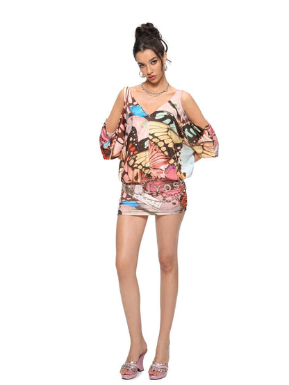 JYOSEI Butterfly Print V-Neck Off-Shoulder Batwing Sleeve Bodycon Dress