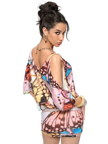JYOSEI Butterfly Print V-Neck Off-Shoulder Batwing Sleeve Bodycon Dress