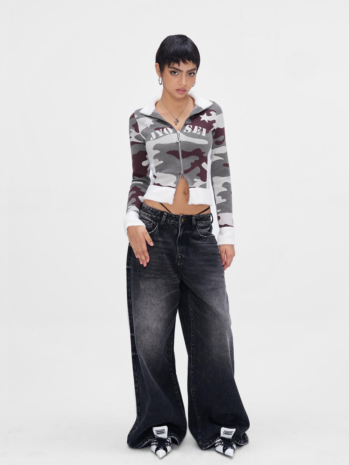 JYOSEI Camouflage Patchwork Knit High Neck Women&