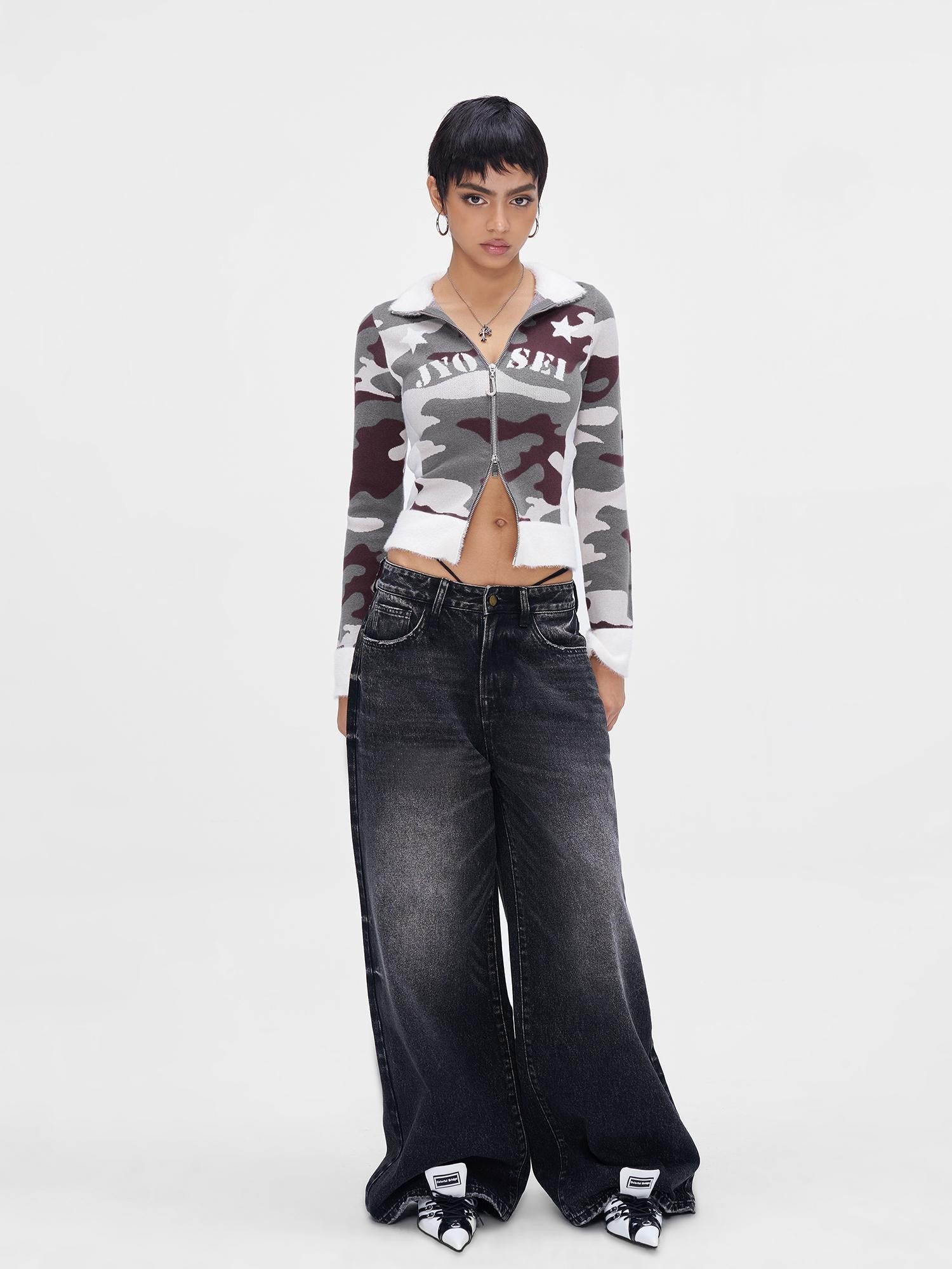JYOSEI Camouflage Patchwork Knit High Neck Women&