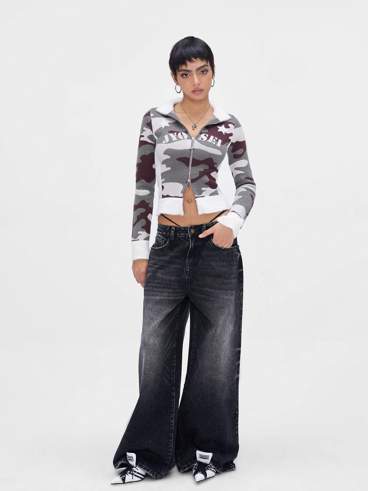 JYOSEI Camouflage Patchwork Knit High Neck Women&