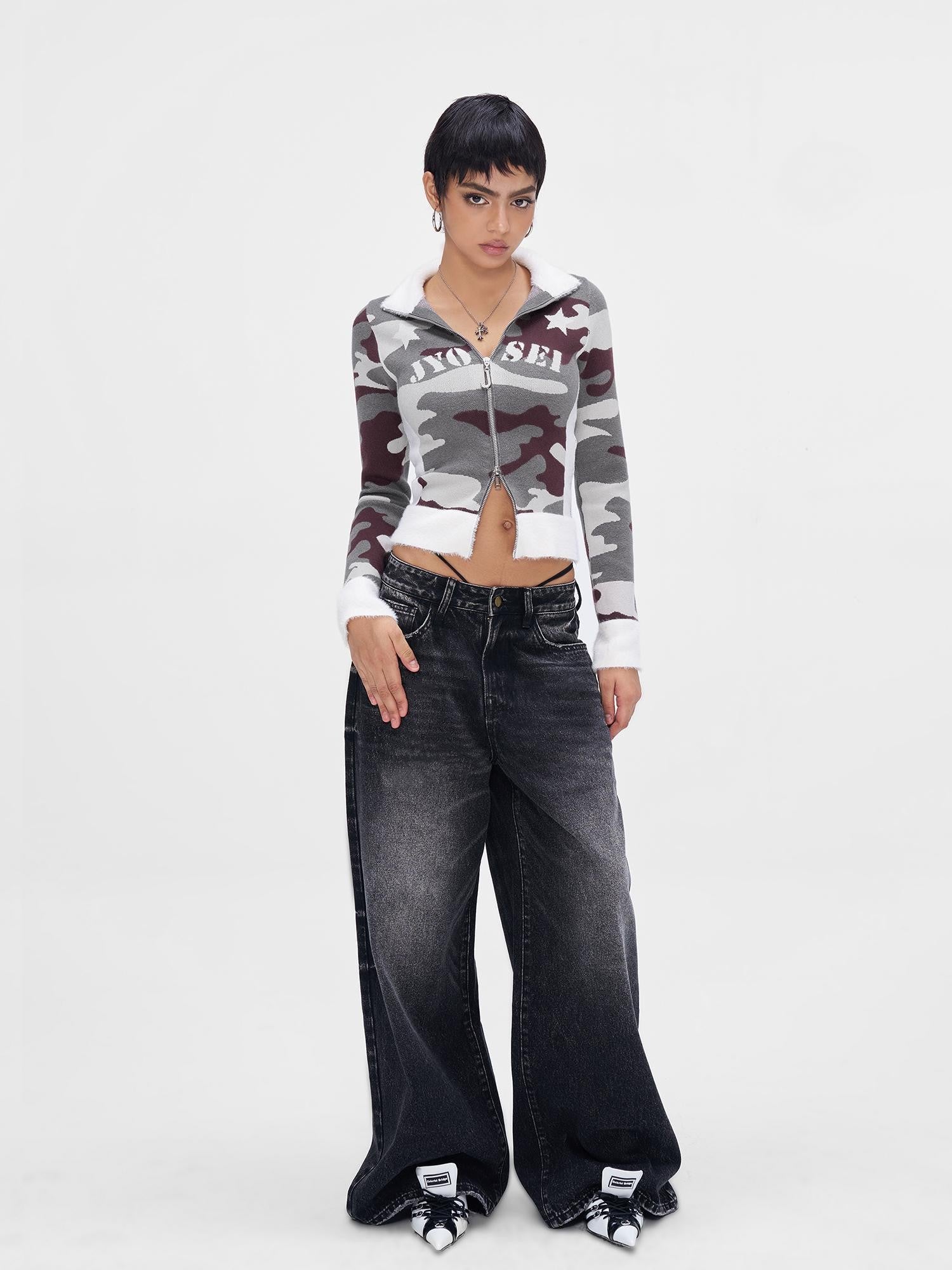 JYOSEI Camouflage Patchwork Knit High Neck Women&