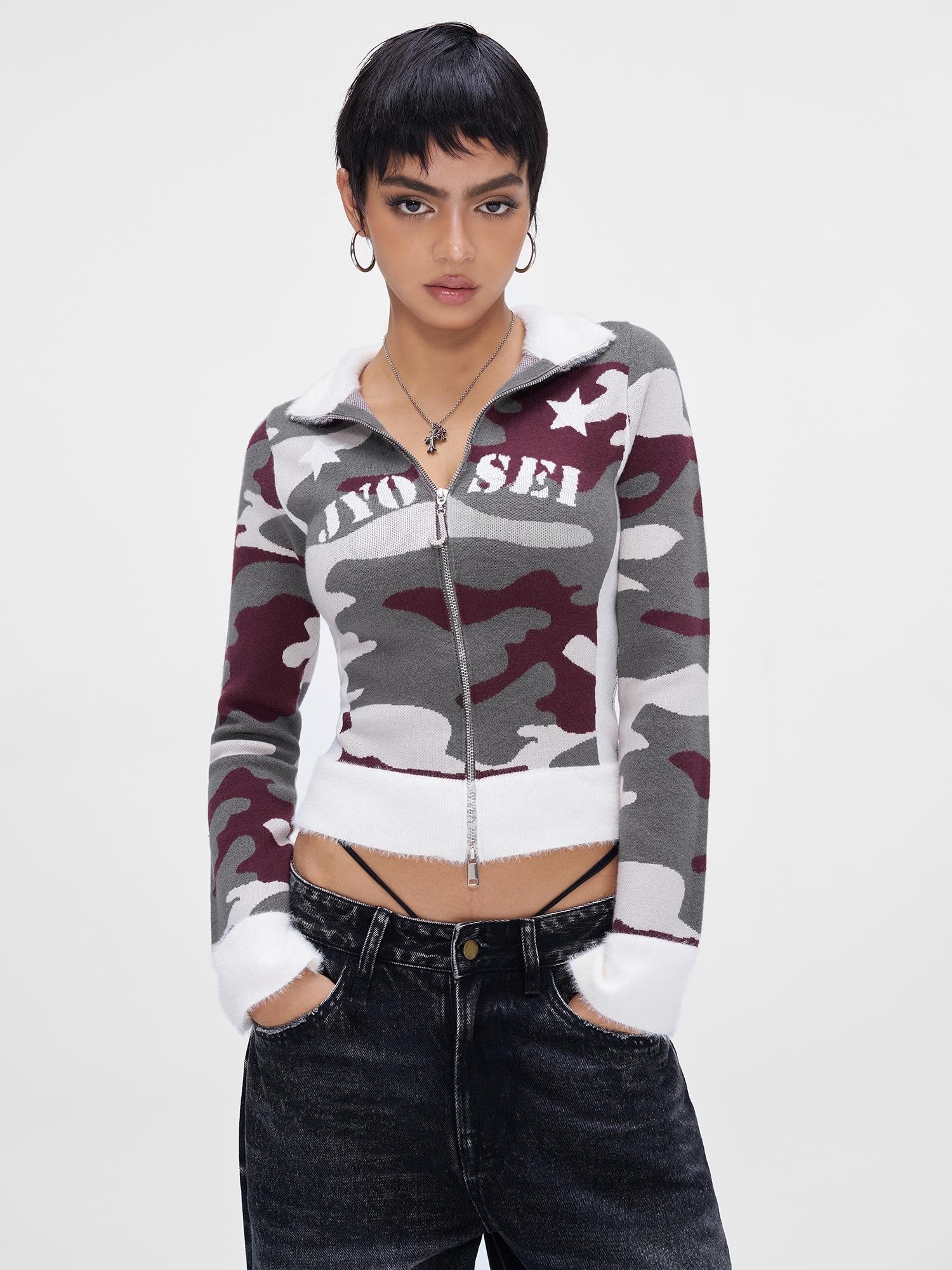 JYOSEI Camouflage Patchwork Knit High Neck Women&