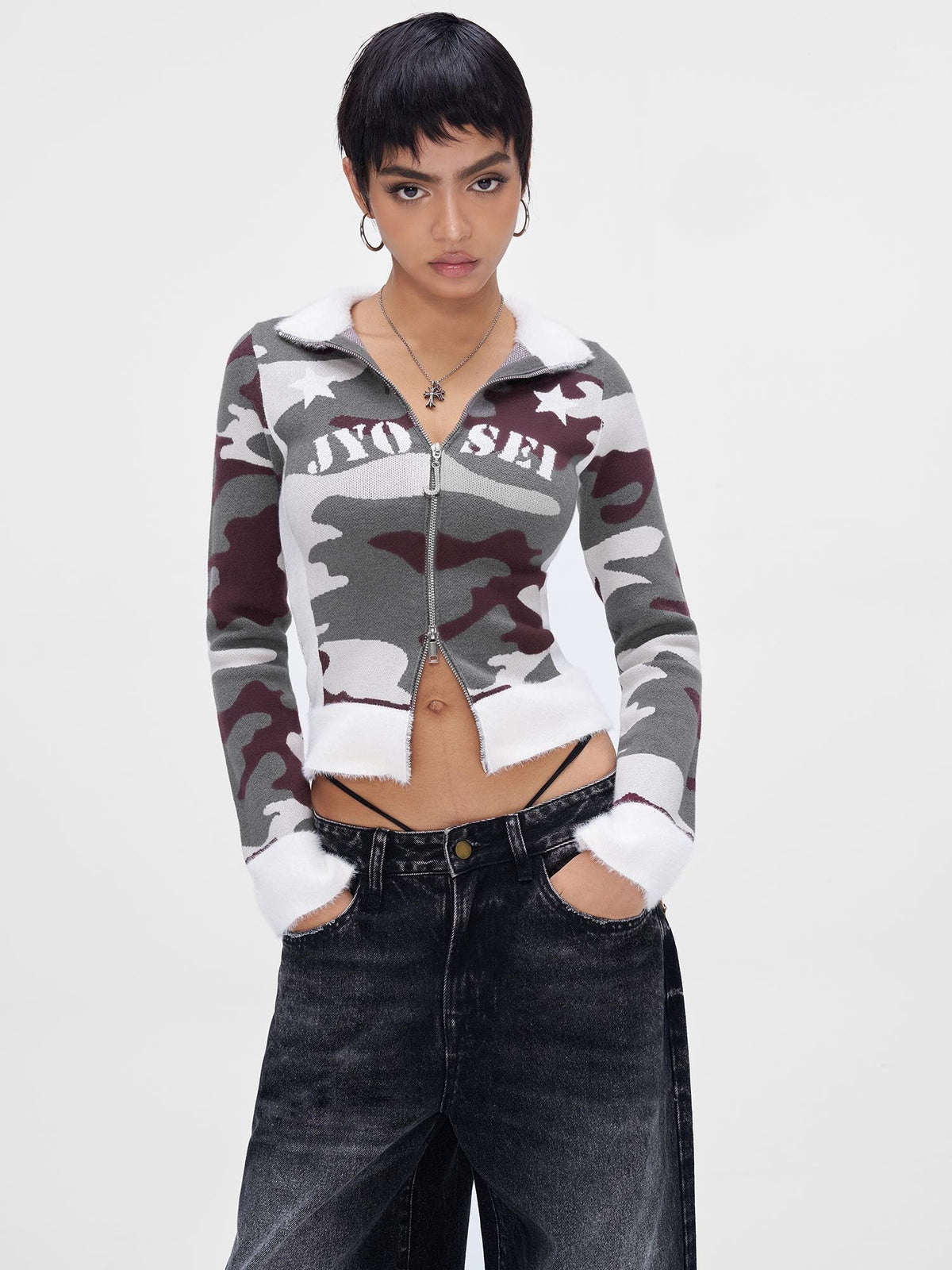 JYOSEI Camouflage Patchwork Knit High Neck Women&