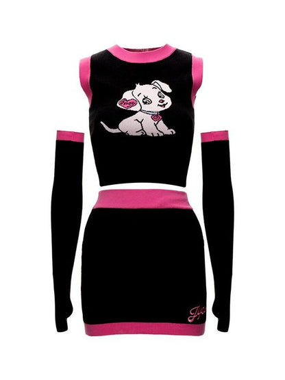 JYOSEI Cartoon Animal Jacquard Patchwork Puff Sleeve Slim Women&
