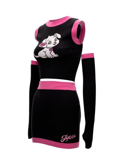 JYOSEI Cartoon Animal Jacquard Patchwork Puff Sleeve Slim Women&
