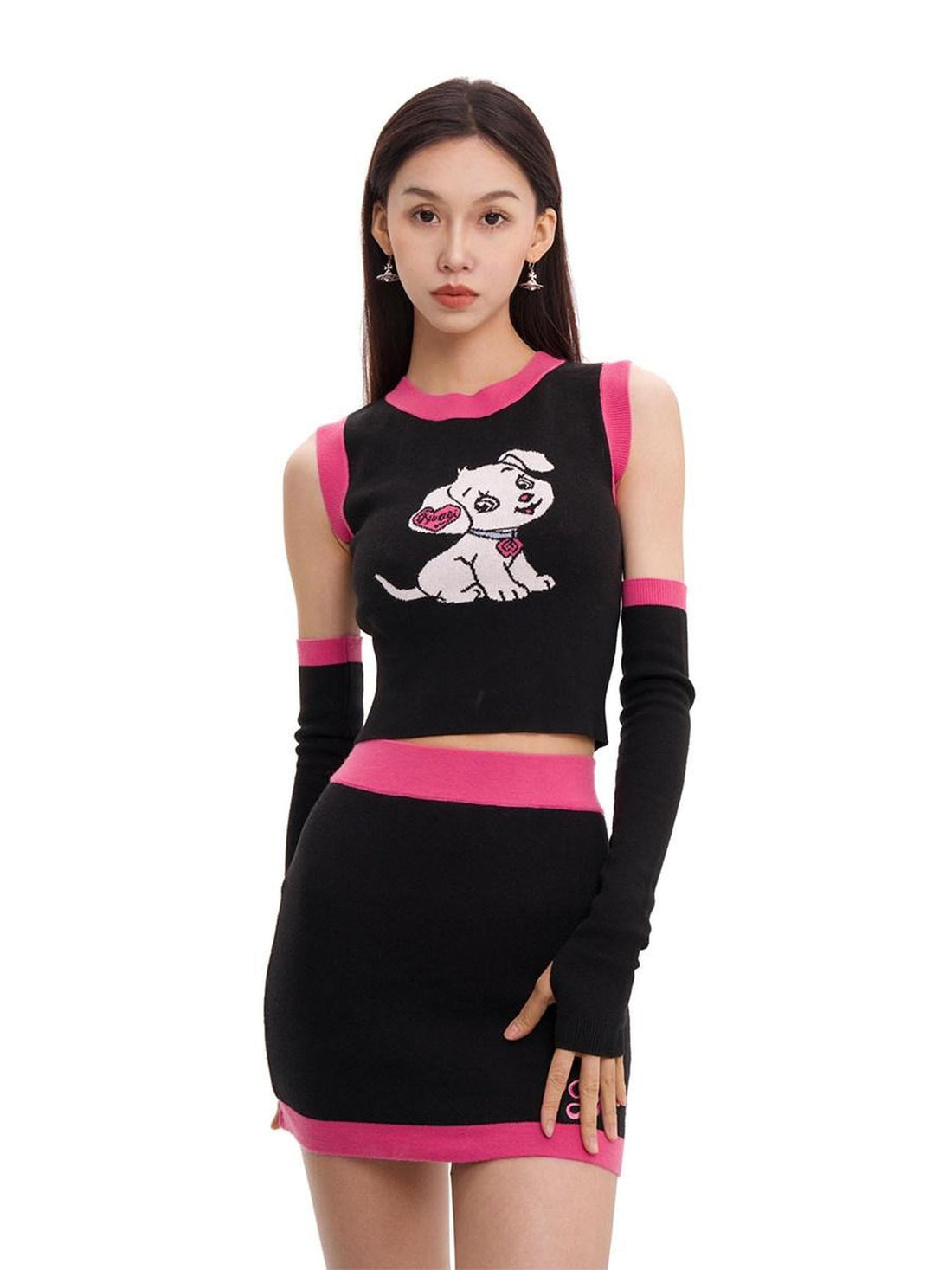 JYOSEI Cartoon Animal Jacquard Patchwork Puff Sleeve Slim Women&