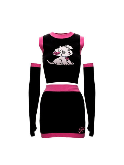 JYOSEI Cartoon Animal Jacquard Patchwork Puff Sleeve Slim Women&
