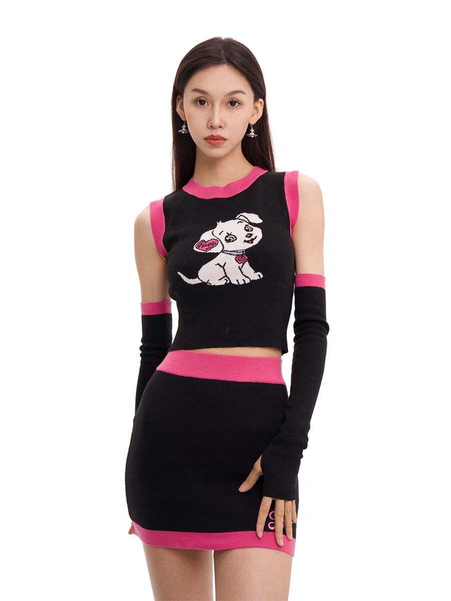 JYOSEI Cartoon Animal Jacquard Patchwork Puff Sleeve Slim Women&