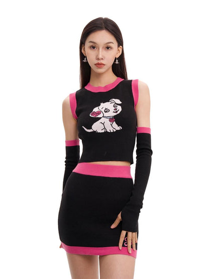JYOSEI Cartoon Animal Jacquard Patchwork Puff Sleeve Slim Women&