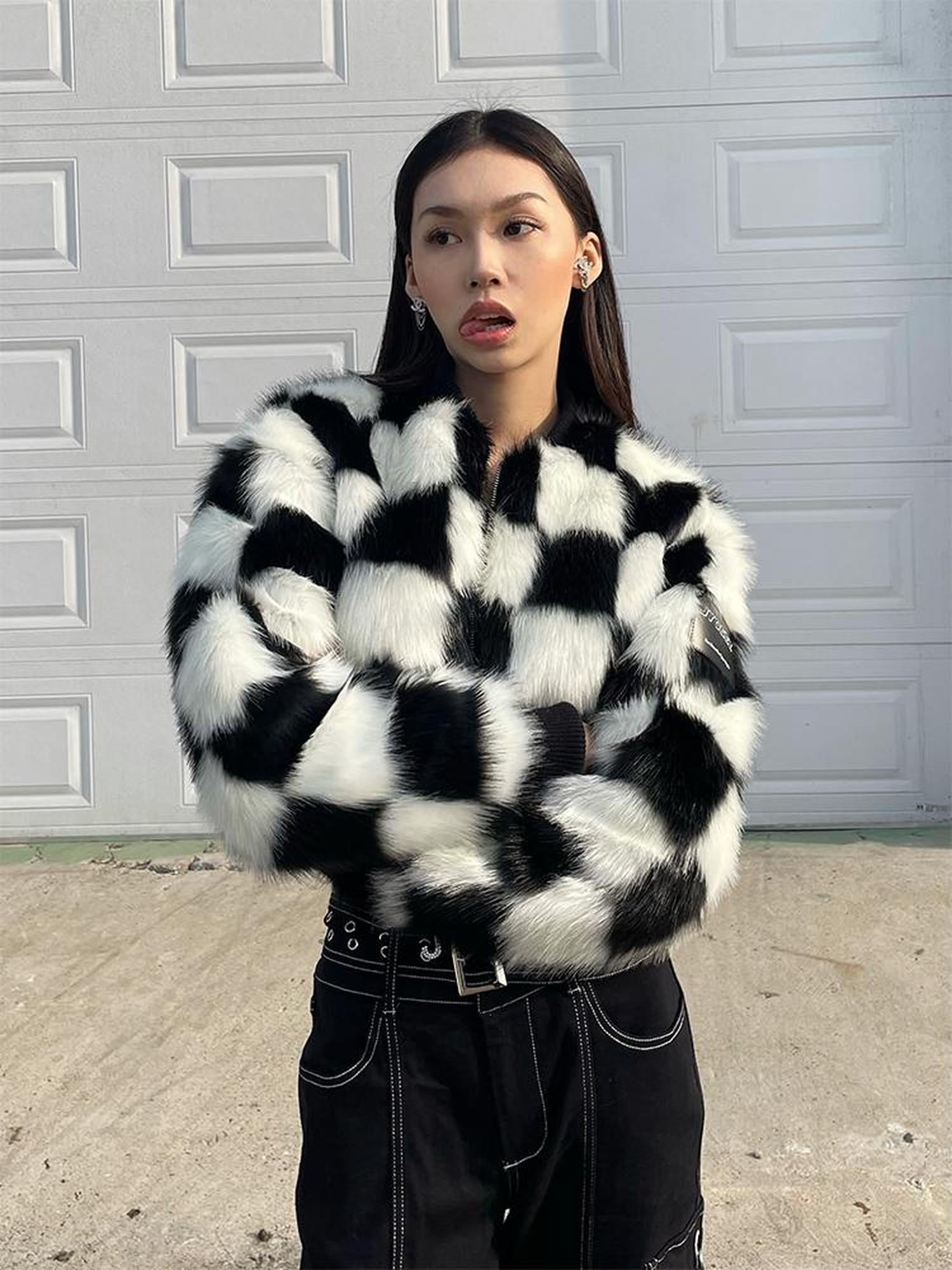 JYOSEI Checkerboard Faux Mink Quilted Jacket Women Winter Short Coat