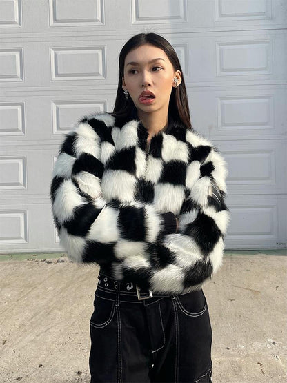 JYOSEI Checkerboard Faux Mink Quilted Jacket Women Winter Short Coat