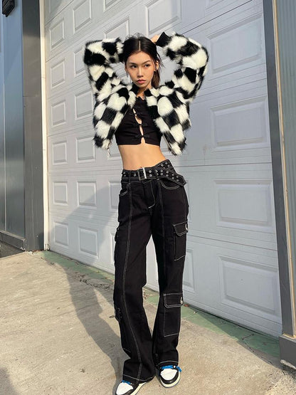 JYOSEI Checkerboard Faux Mink Quilted Jacket Women Winter Short Coat