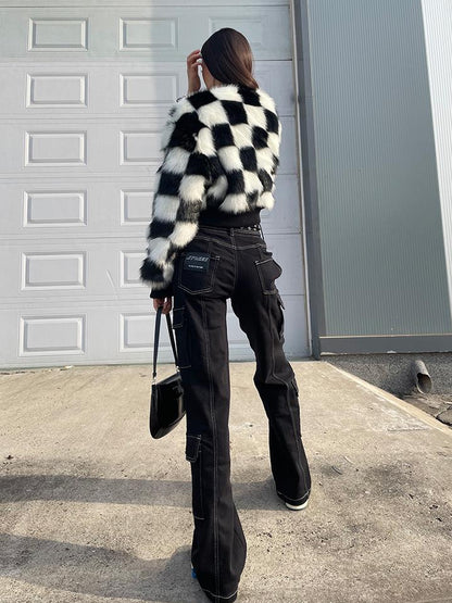 JYOSEI Checkerboard Faux Mink Quilted Jacket Women Winter Short Coat