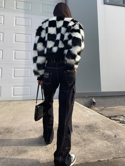 JYOSEI Checkerboard Faux Mink Quilted Jacket Women Winter Short Coat