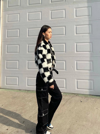 Checkerboard Faux Mink Quilted Jacket Women Winter Short Coat