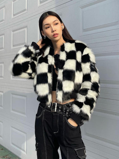 JYOSEI Checkerboard Faux Mink Quilted Jacket Women Winter Short Coat