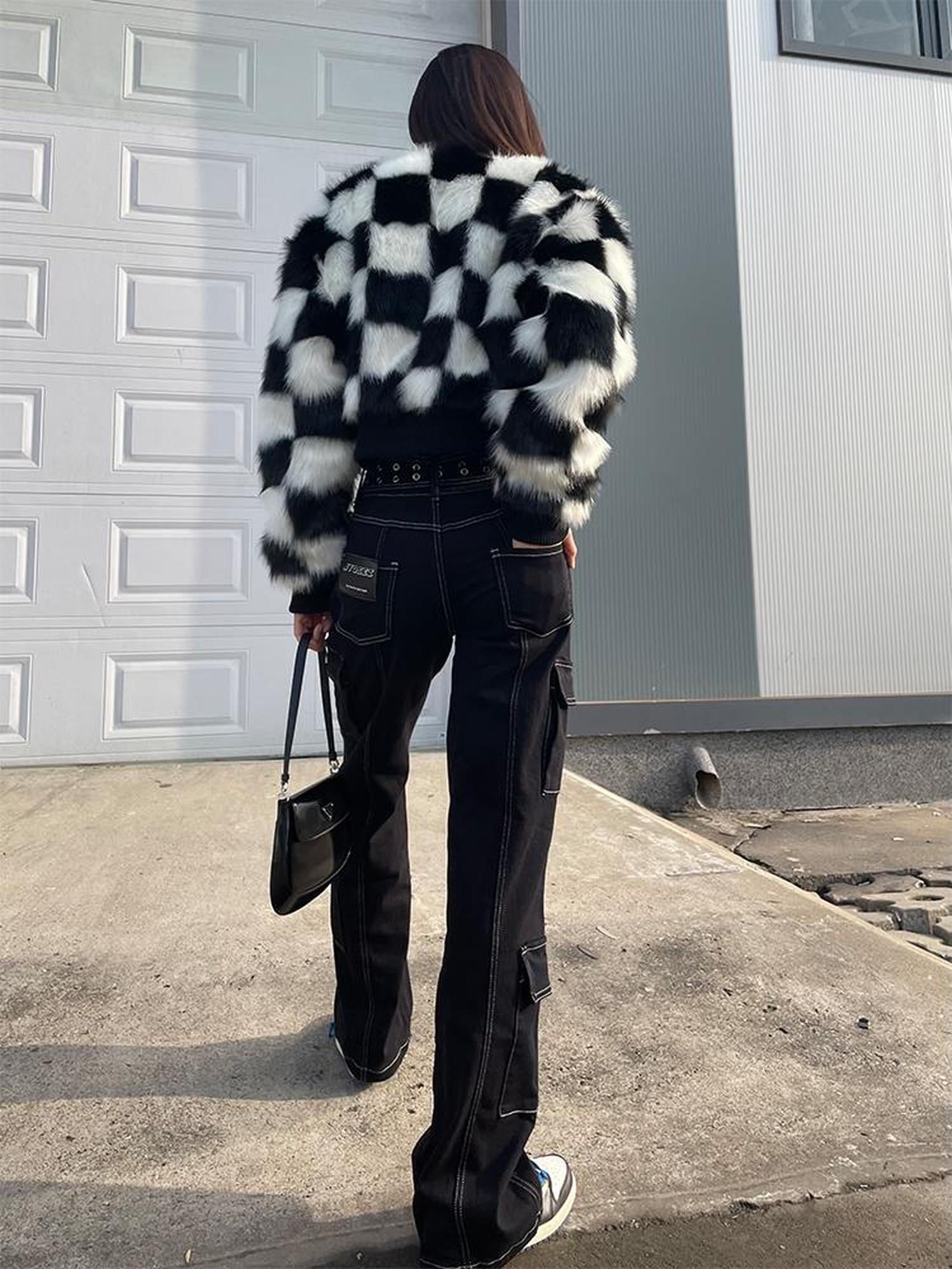 JYOSEI Checkerboard Faux Mink Quilted Jacket Women Winter Short Coat