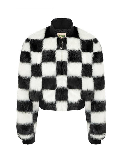 JYOSEI Checkerboard Faux Mink Quilted Jacket Women Winter Short Coat
