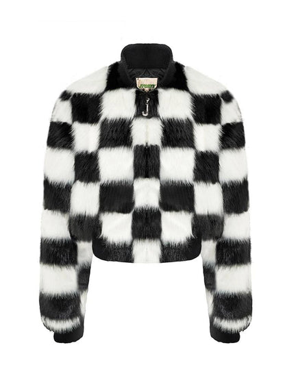 Checkerboard Faux Mink Quilted Jacket Women Winter Short Coat