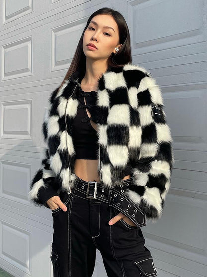 JYOSEI Checkerboard Faux Mink Quilted Jacket Women Winter Short Coat