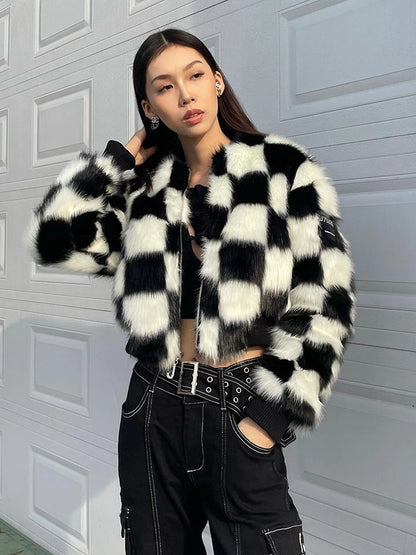 Checkerboard Faux Mink Quilted Jacket Women Winter Short Coat