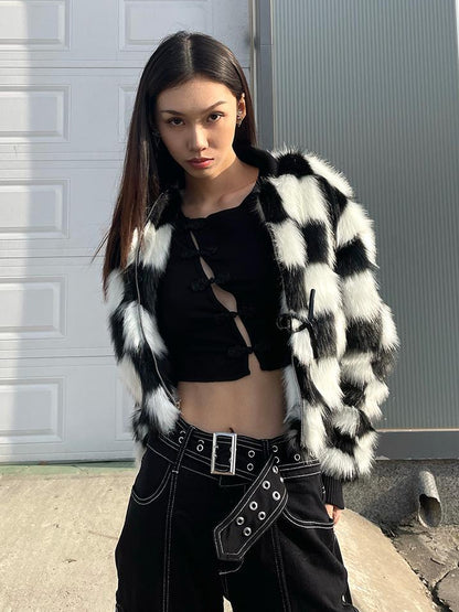 JYOSEI Checkerboard Faux Mink Quilted Jacket Women Winter Short Coat
