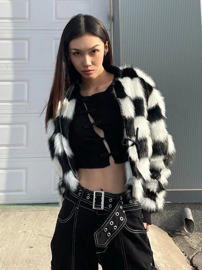 Checkerboard Faux Mink Quilted Jacket Women Winter Short Coat