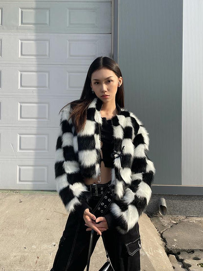JYOSEI Checkerboard Faux Mink Quilted Jacket Women Winter Short Coat