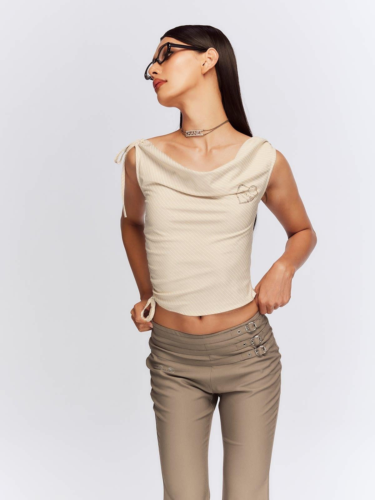 JYOSEI Chic Two Piece Half Zip Tank Top Tailored Long Pants Women Beige Stripe Suits