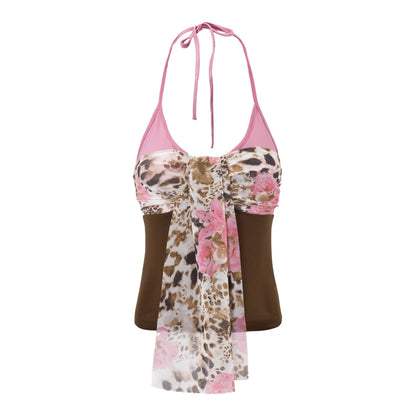JYOSEI Colorblock Faux Two Piece Mesh Leopard Print Halter Women&