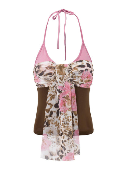 JYOSEI Colorblock Faux Two Piece Mesh Leopard Print Halter Women&