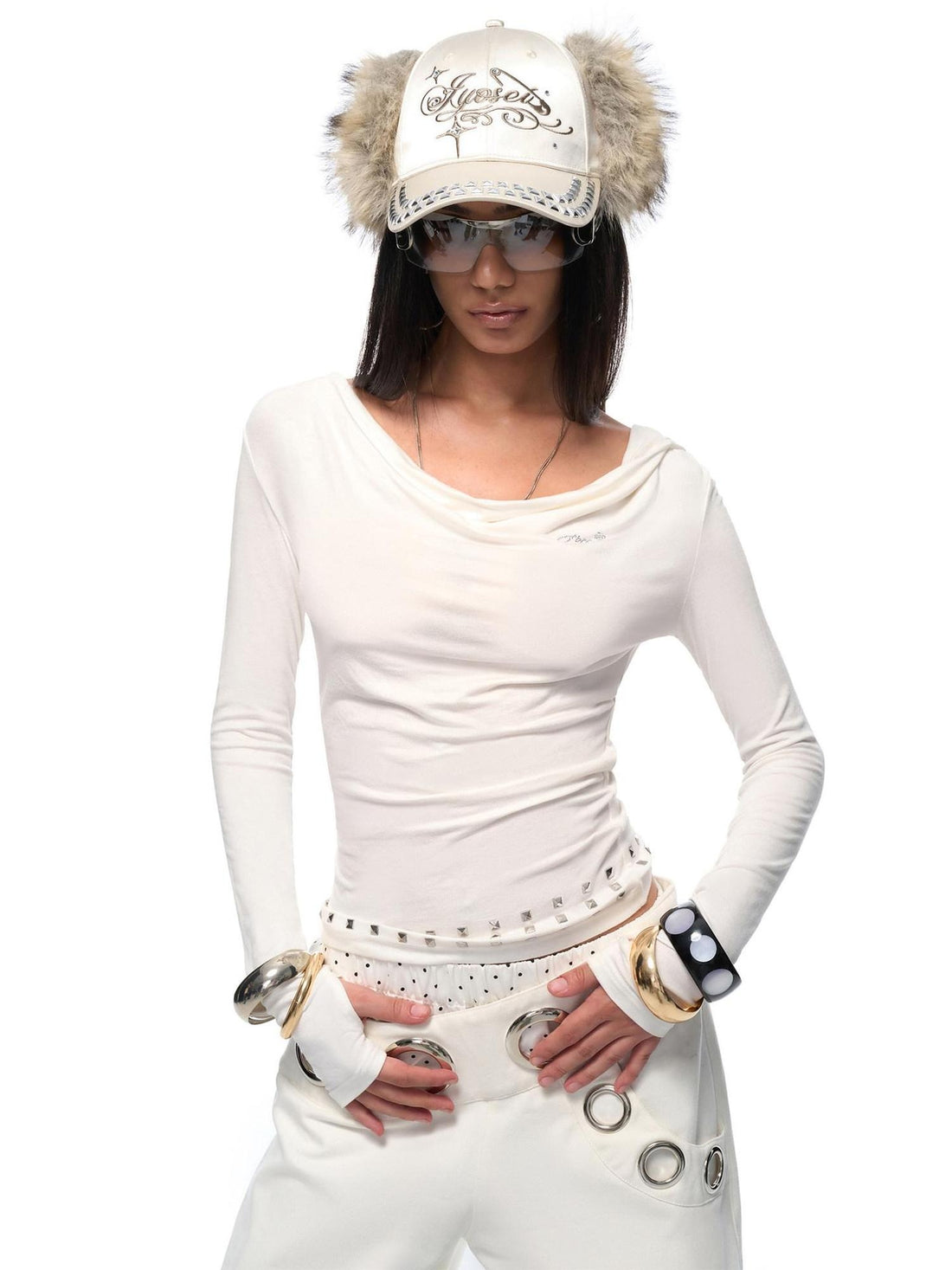 JYOSEI Cotton Slim Hooded Studded Scoop Neck Ladies White Long Sleeve Casual T-Shirt