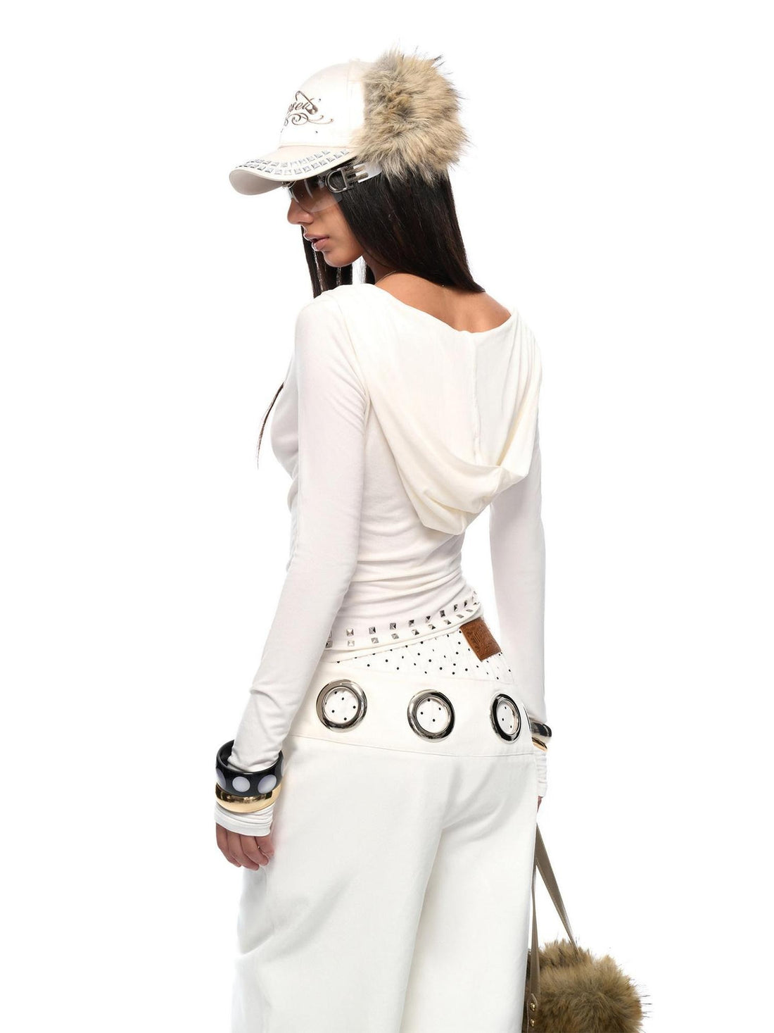 JYOSEI Cotton Slim Hooded Studded Scoop Neck Ladies White Long Sleeve Casual T-Shirt