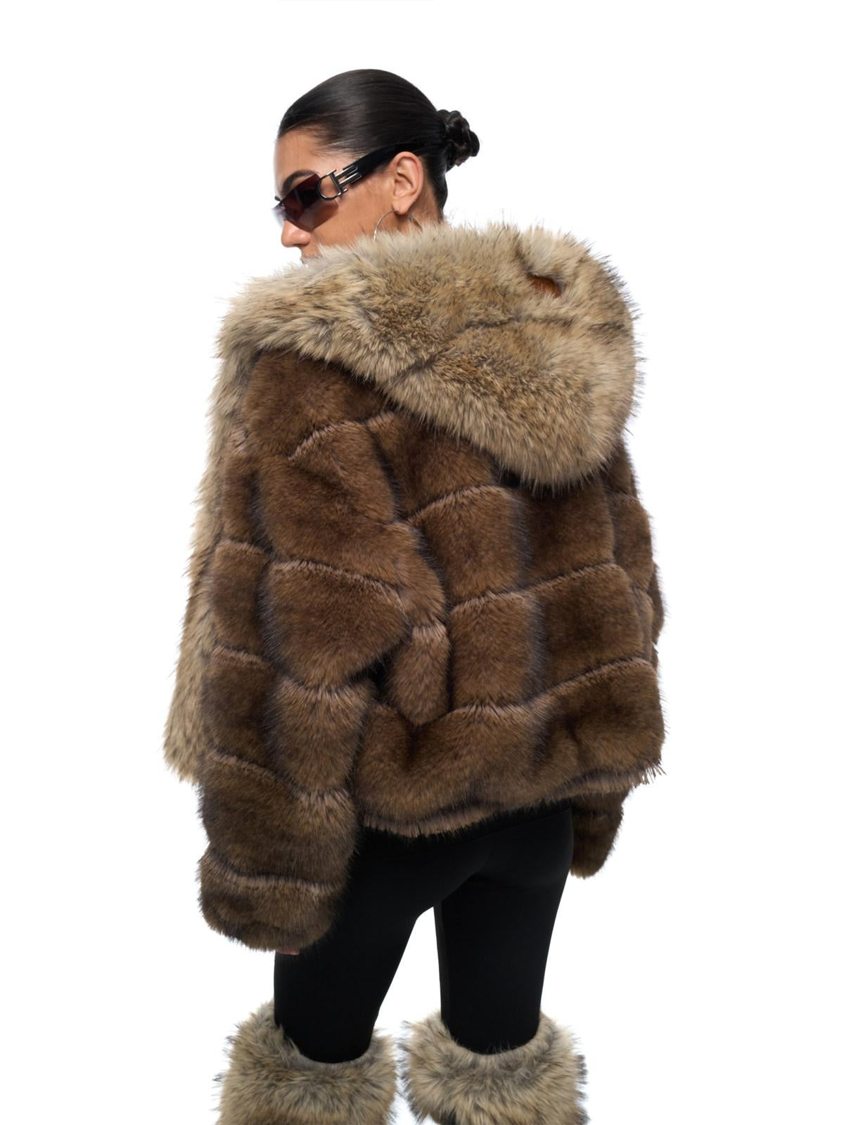 JYOSEI Cozy Hooded Colorblock Faux Fur Trim Oversized Womens Brown Puffer Jacket