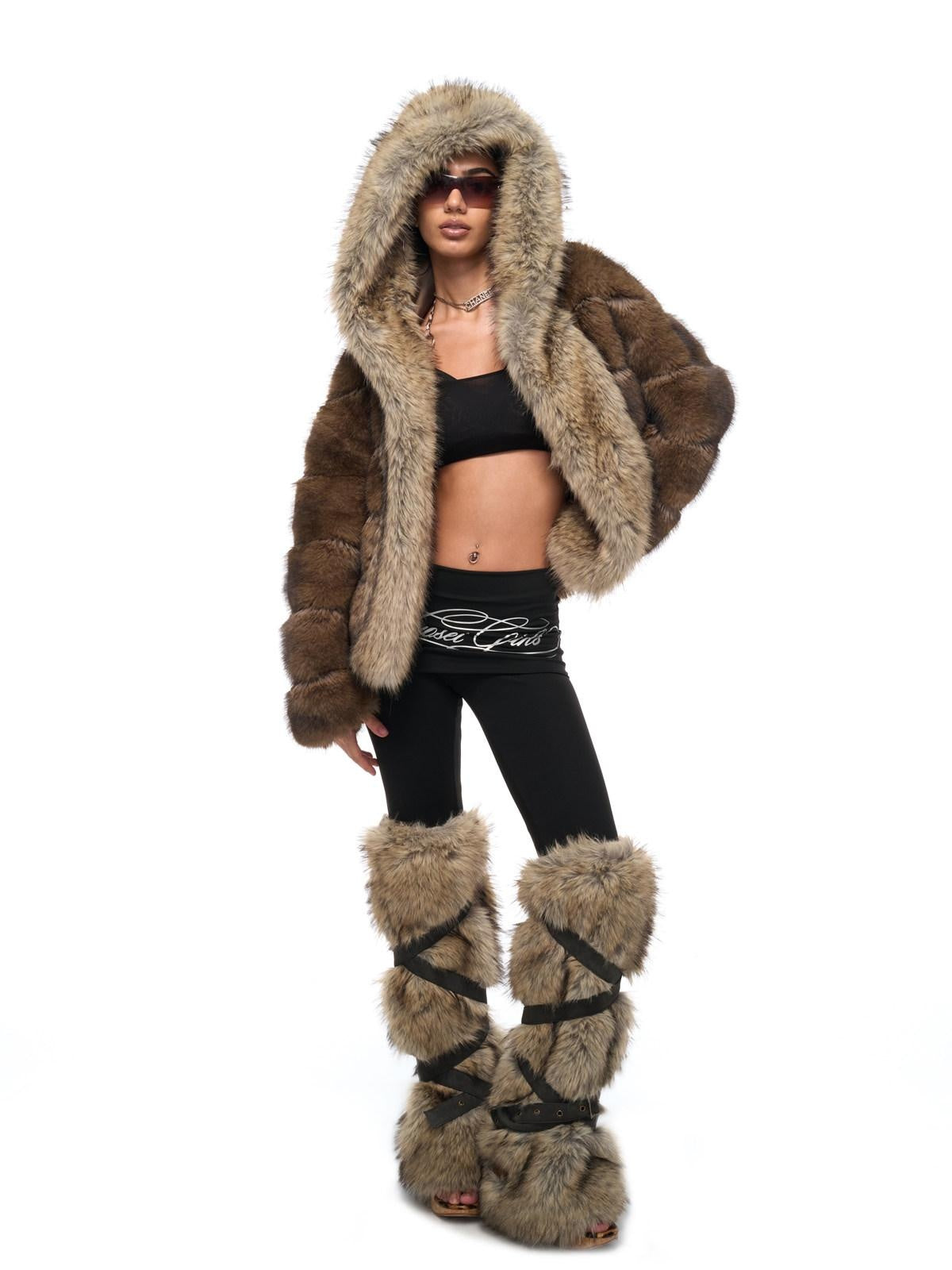 JYOSEI Cozy Hooded Colorblock Faux Fur Trim Oversized Womens Brown Puffer Jacket