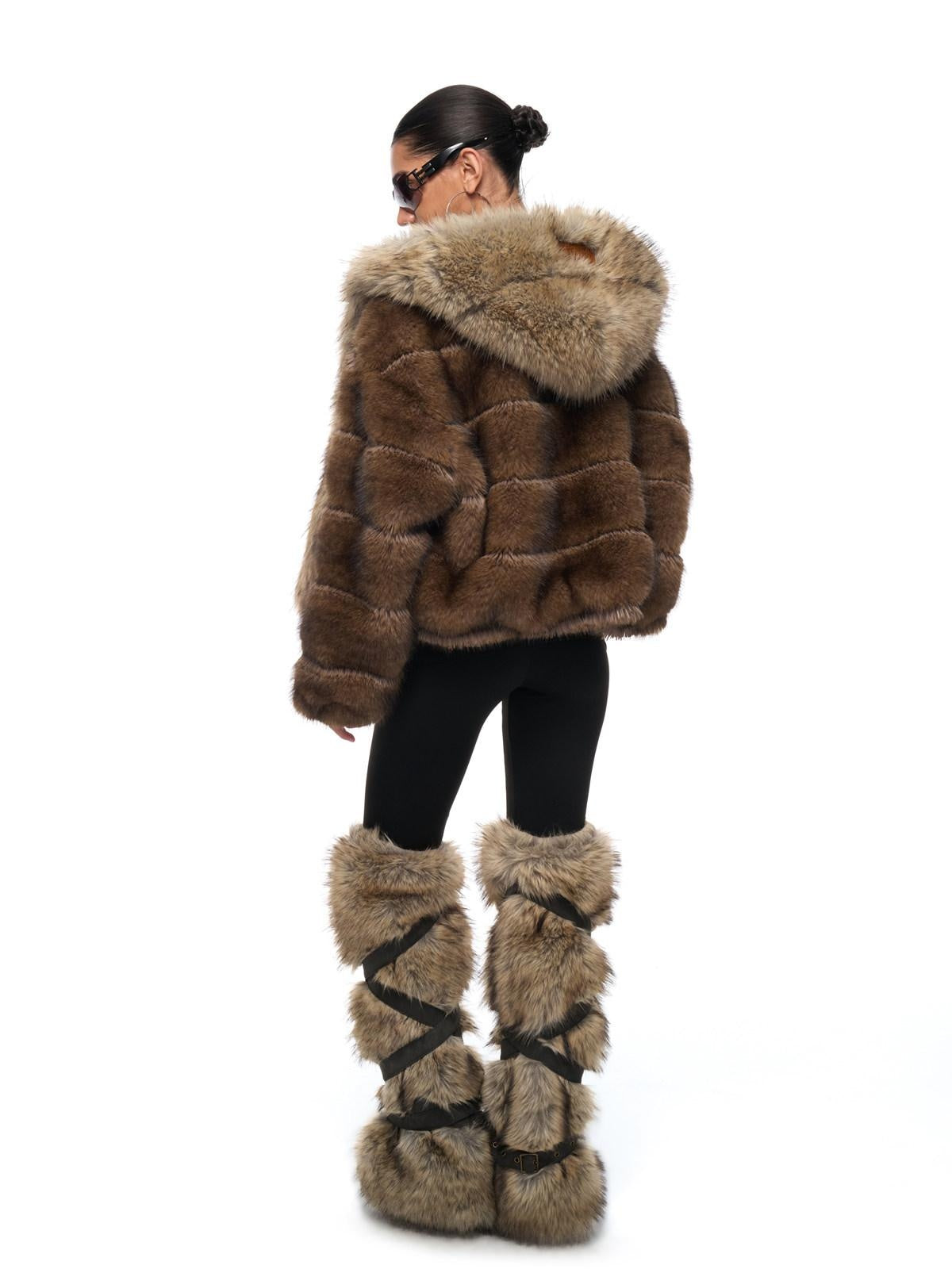JYOSEI Cozy Hooded Colorblock Faux Fur Trim Oversized Womens Brown Puffer Jacket