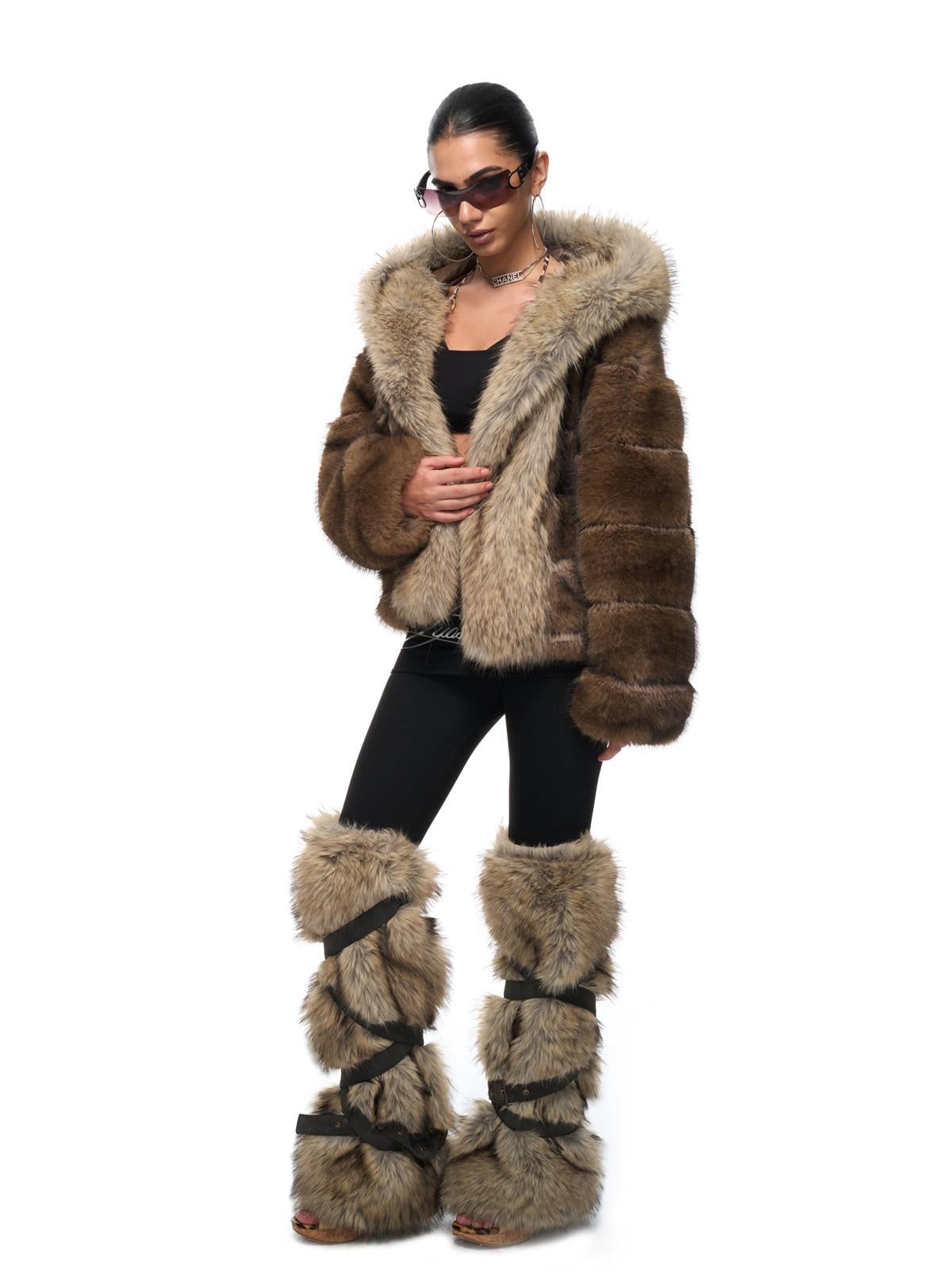 JYOSEI Cozy Hooded Colorblock Faux Fur Trim Oversized Womens Brown Puffer Jacket