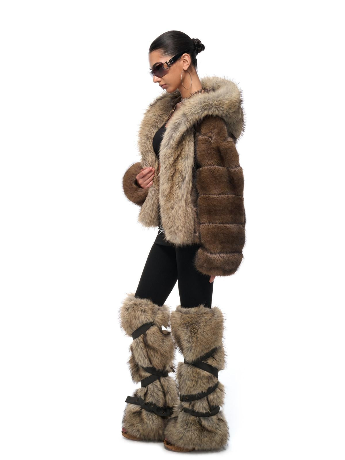 JYOSEI Cozy Hooded Colorblock Faux Fur Trim Oversized Womens Brown Puffer Jacket