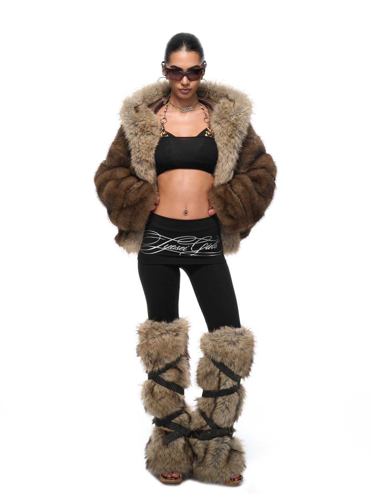 JYOSEI Cozy Hooded Colorblock Faux Fur Trim Oversized Womens Brown Puffer Jacket