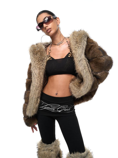 JYOSEI Cozy Hooded Colorblock Faux Fur Trim Oversized Womens Brown Puffer Jacket