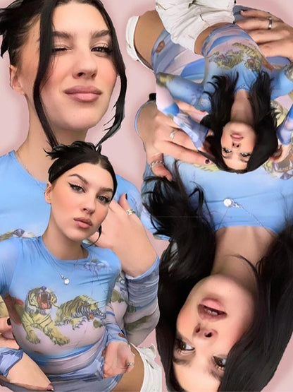 JYOSEI Creative Hand Drawn Animal Print Patchwork Cropped Slim Long Sleeve T-Shirt