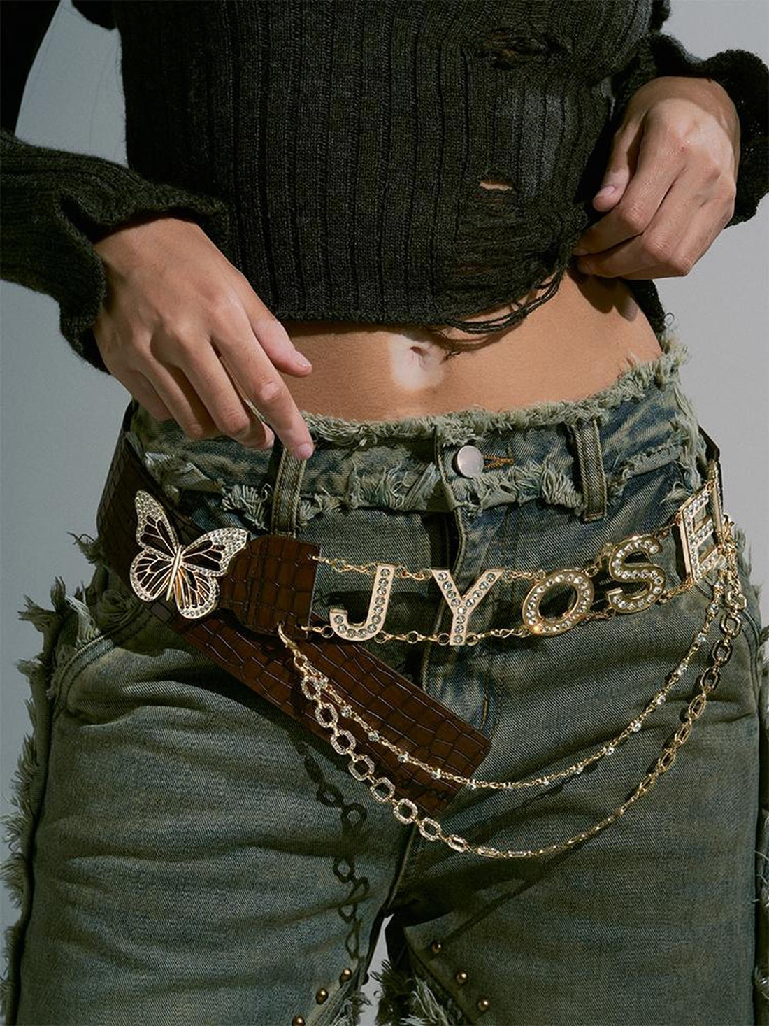 JYOSEI Croc Embossed Butterfly Crystal Buckle Pu Leather Belt